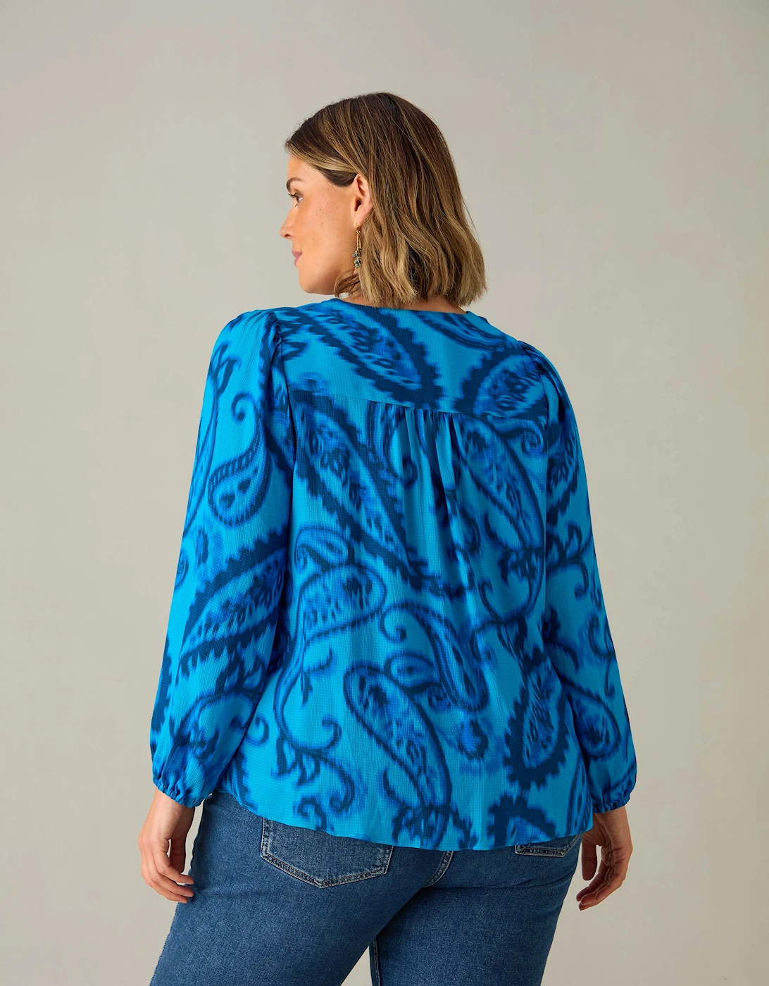 Blue Paisley V-Neck Button Blouse