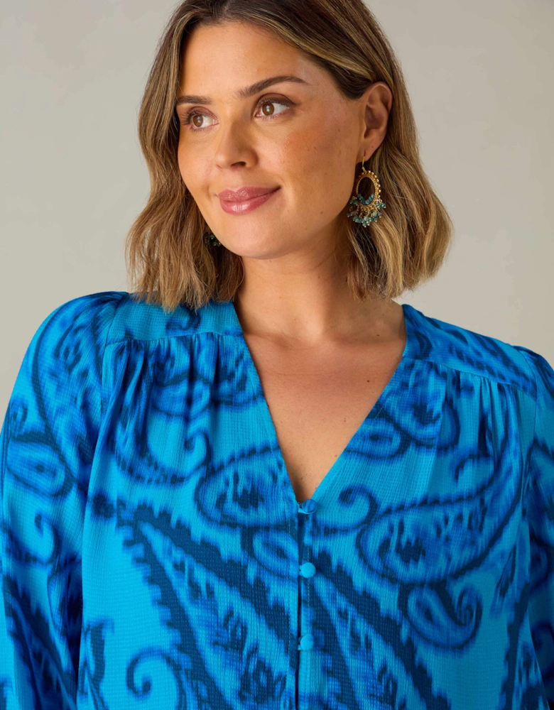 Blue Paisley V-Neck Button Blouse