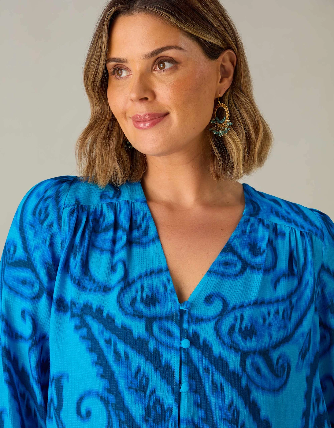 Blue Paisley V-Neck Button Blouse