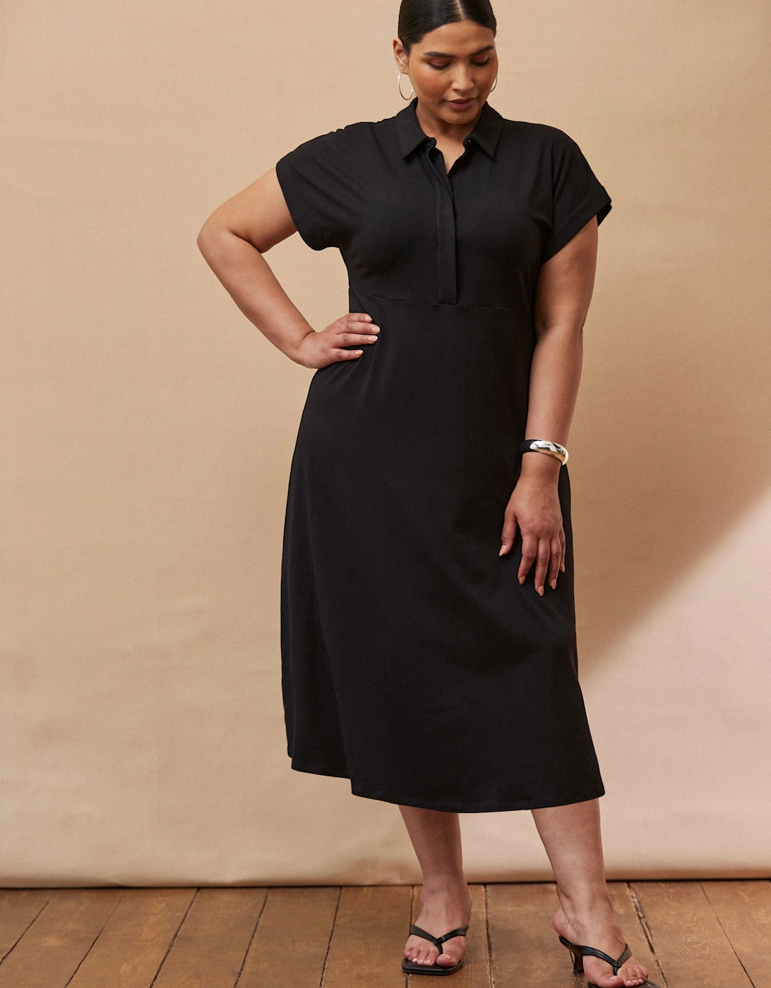 Black Jersey Midi Shirt Dress