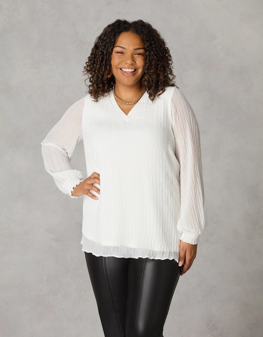 Ivory Textured Rib Trim Blouse