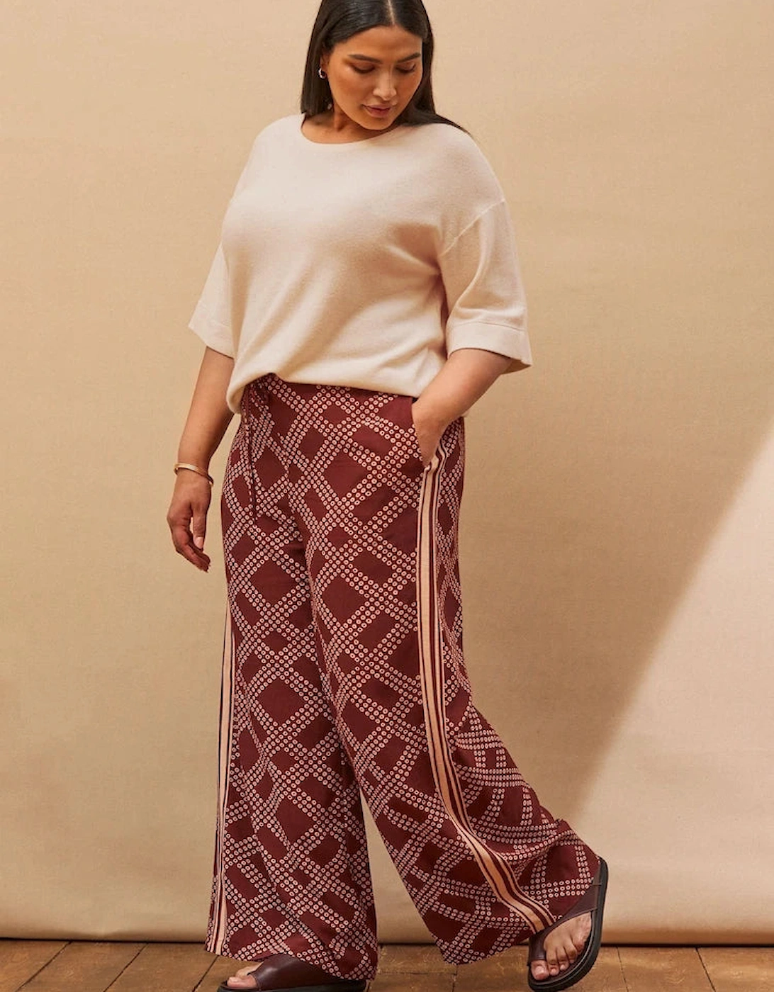 Live Unlimited London Live Unlimited London Women's Brown Geo Print Wide Leg Trouser