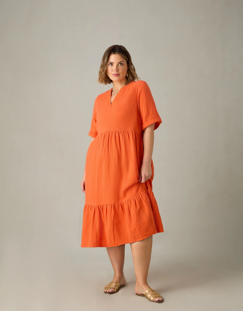 Orange Cotton Crinkle Tiered Dress