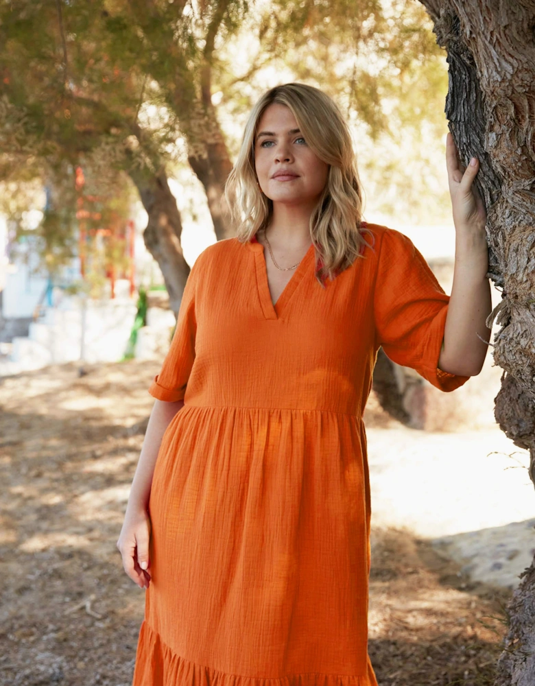Orange Cotton Crinkle Tiered Dress