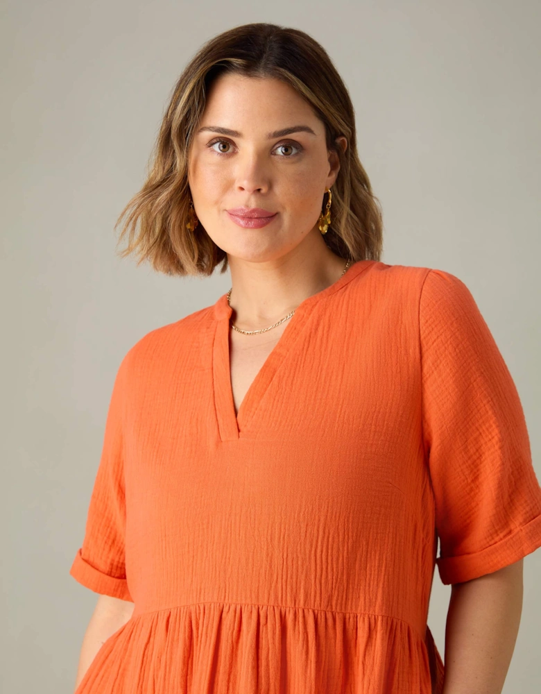 Orange Cotton Crinkle Tiered Dress