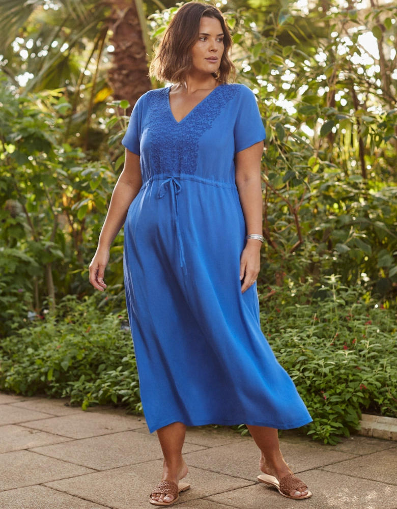 Blue Viscose Crinkle Embroidered Dress