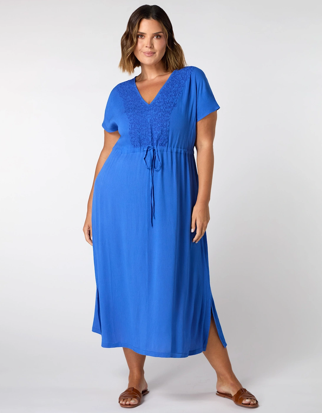 Blue Viscose Crinkle Embroidered Dress