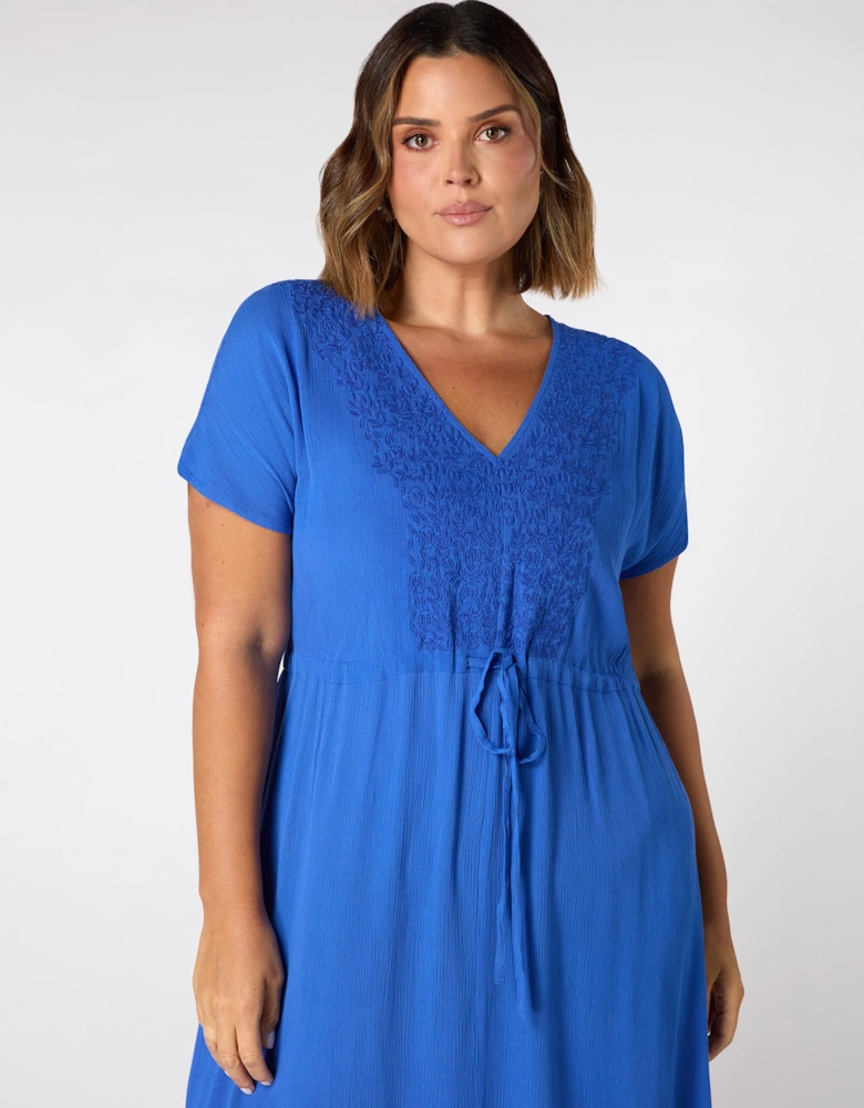 Blue Viscose Crinkle Embroidered Dress
