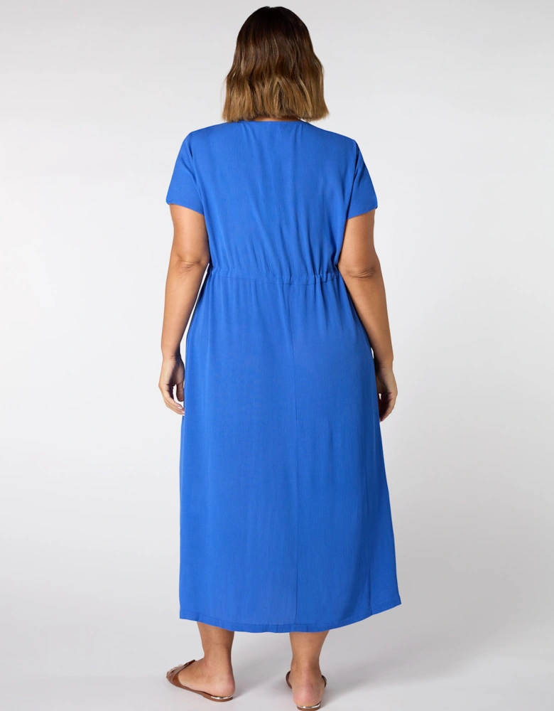 Blue Viscose Crinkle Embroidered Dress