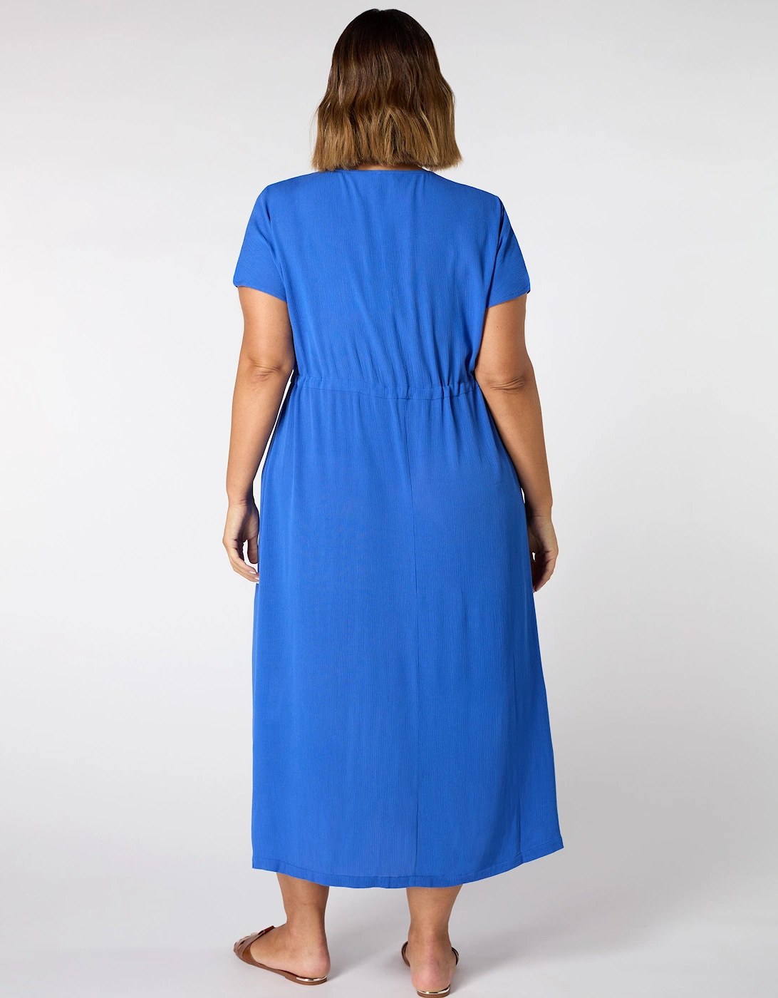Blue Viscose Crinkle Embroidered Dress