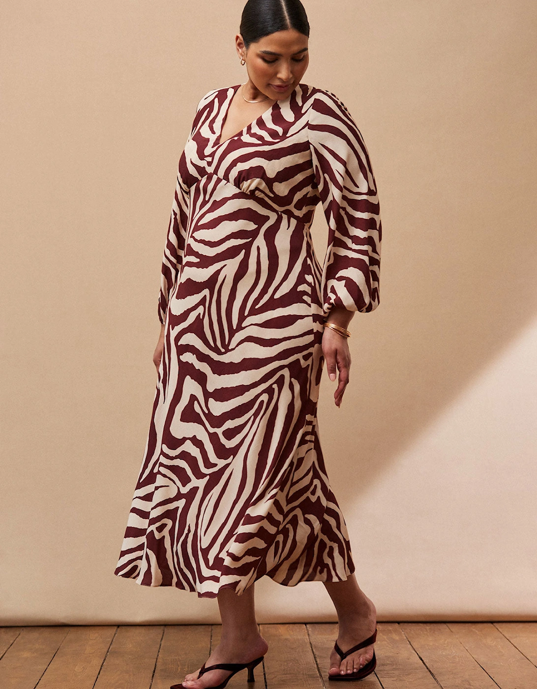 Chocolate Brown Animal Print V Neck Midaxi Dress