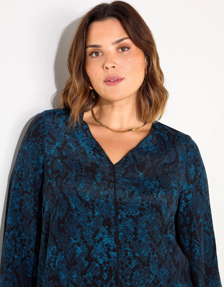 Blue Snake Print V-Neck Blouse