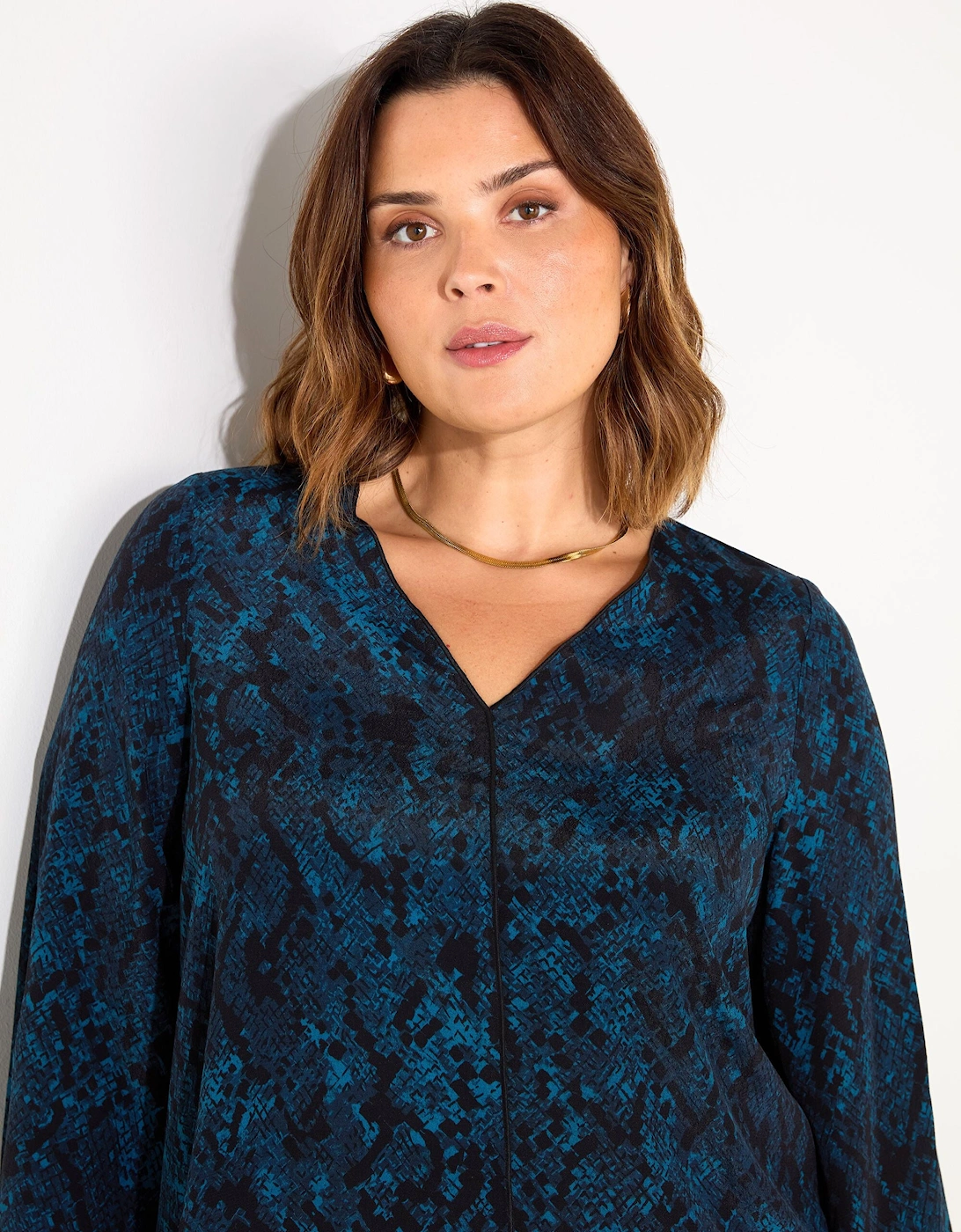 Blue Snake Print V-Neck Blouse