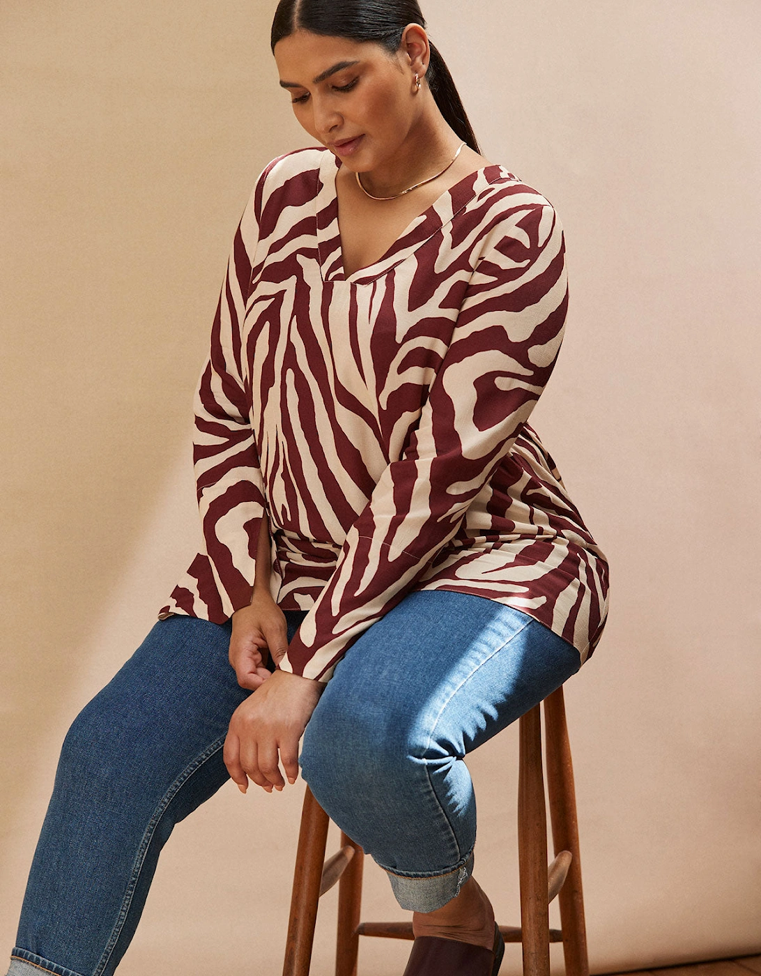 Chocolate Brown Animal Print Split Sleeve Detail Blouse