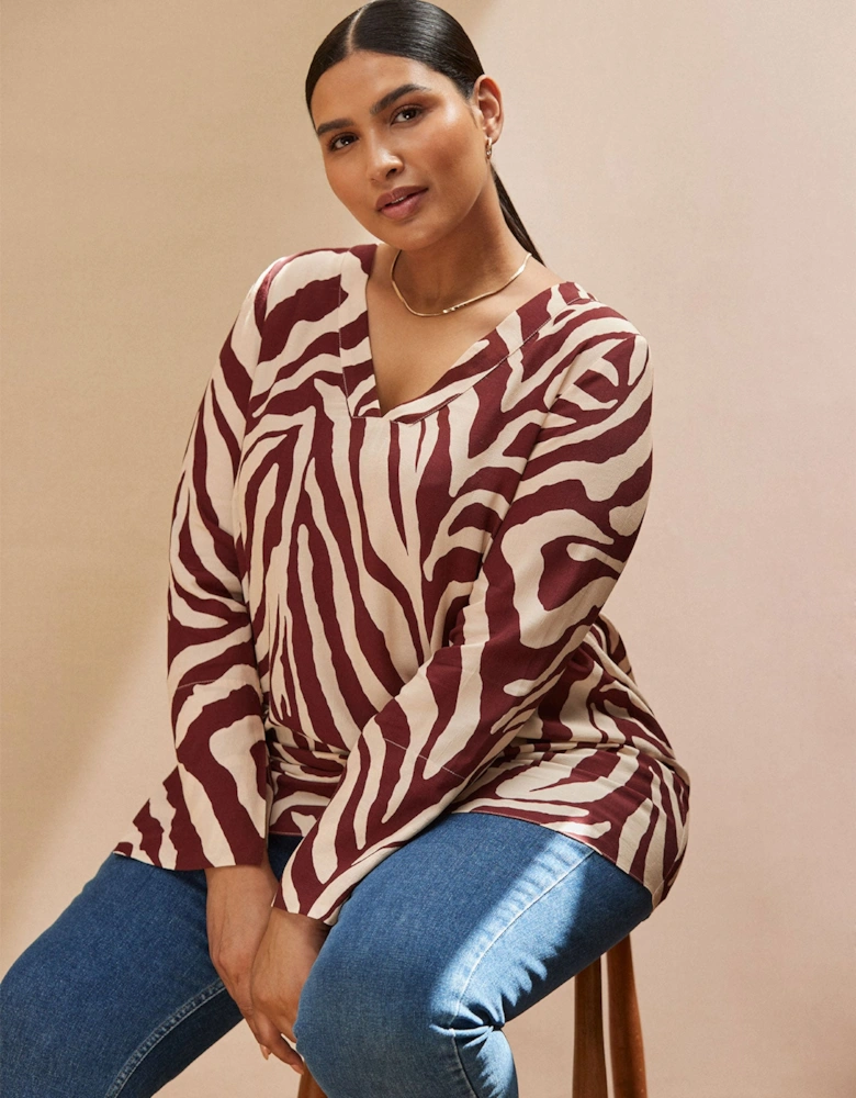 Chocolate Brown Animal Print Split Sleeve Detail Blouse