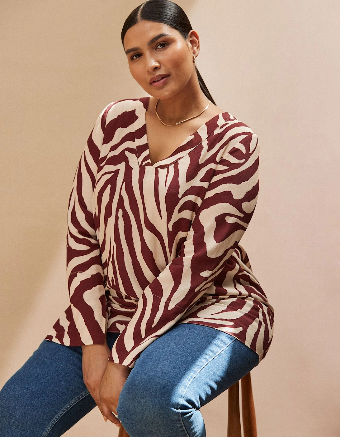 Chocolate Brown Animal Print Split Sleeve Detail Blouse, 5 of 4