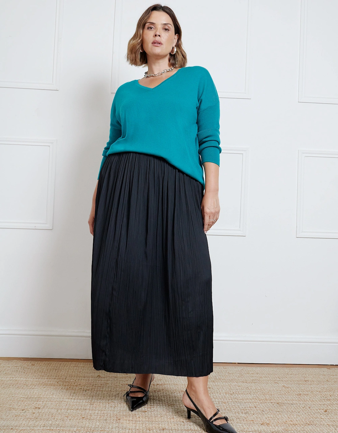 Black Pleated Midi Skirt