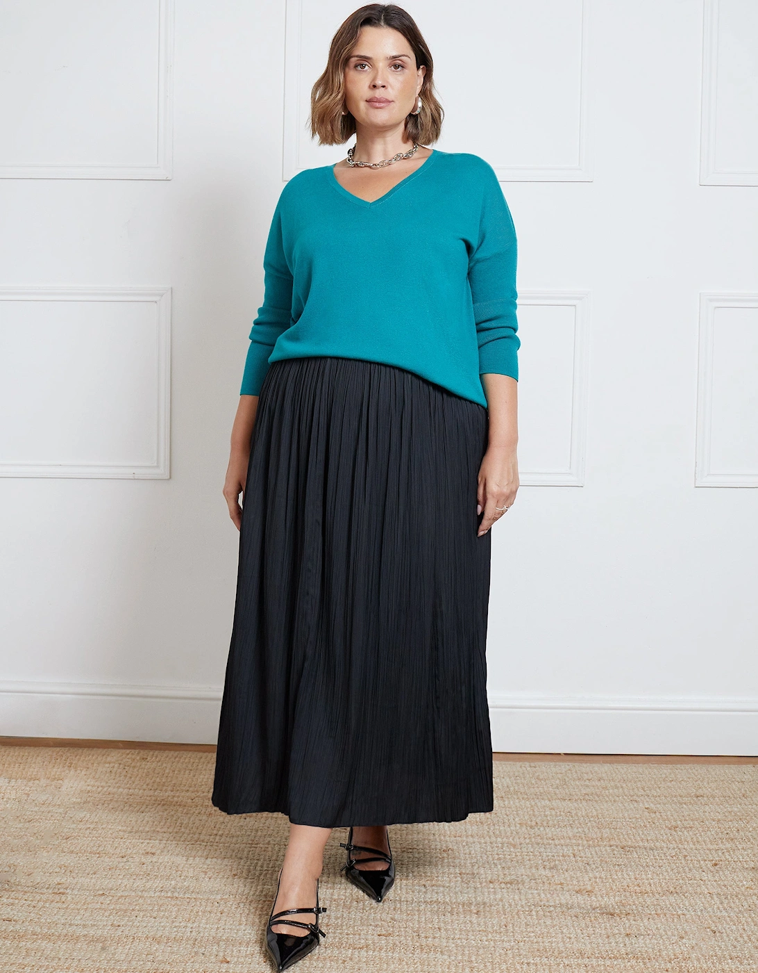 Black Pleated Midi Skirt
