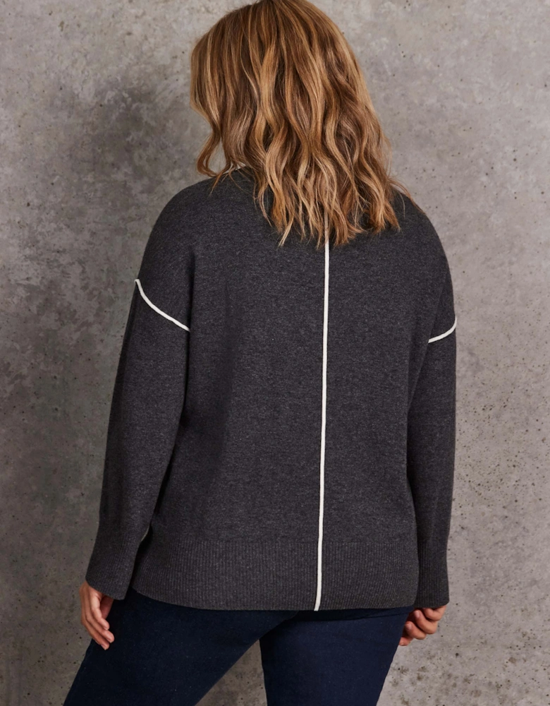 Grey Seam Detail Round Neck Jumper With Cashmere