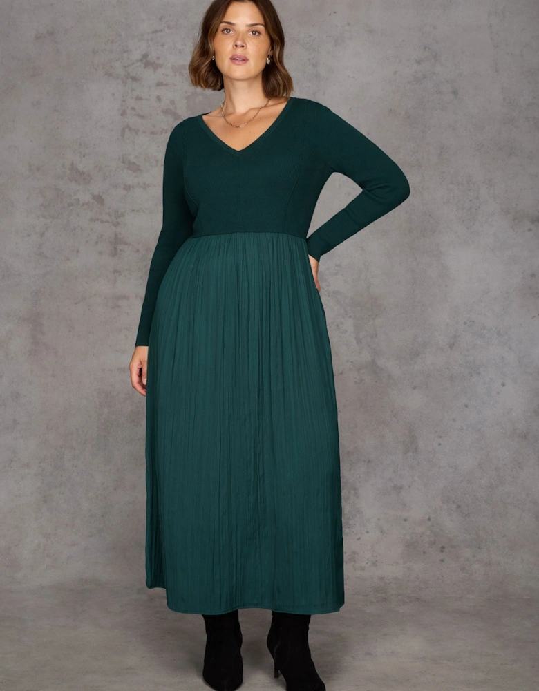 Green Knit Bodice Pleated Skirt Dress