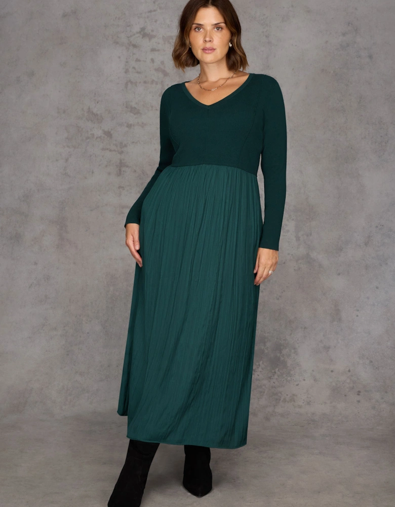 Green Knit Bodice Pleated Skirt Dress