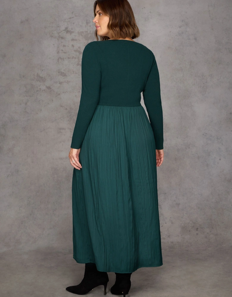 Green Knit Bodice Pleated Skirt Dress