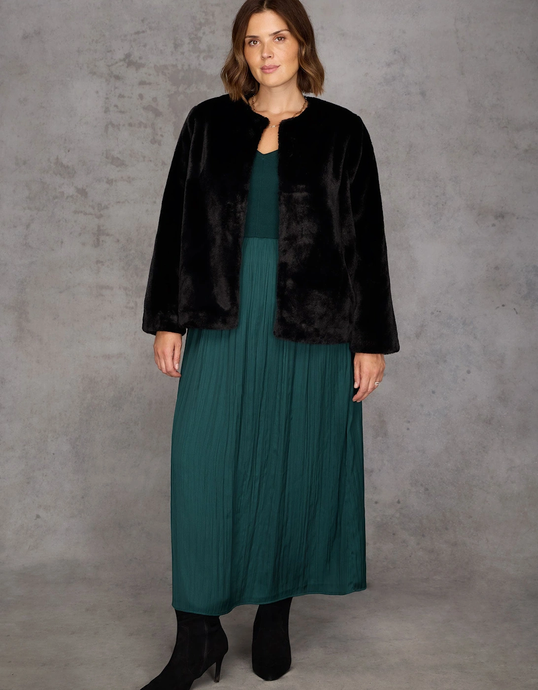 Green Knit Bodice Pleated Skirt Dress