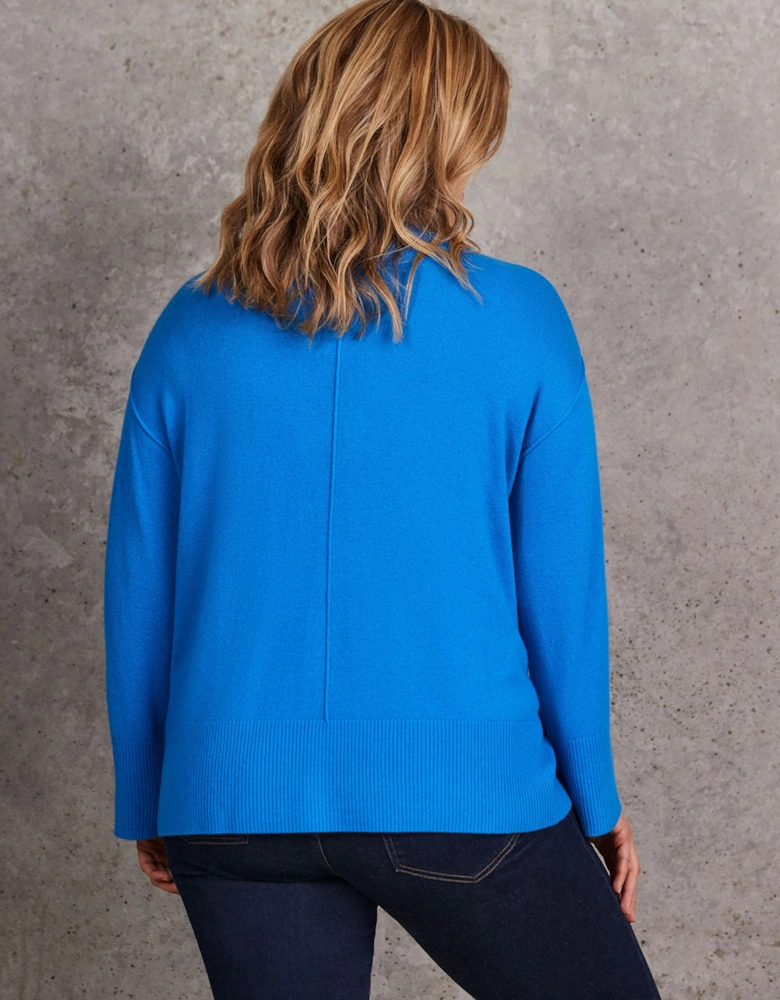 Blue Seam Detail Round Neck Jumper With Cashmere