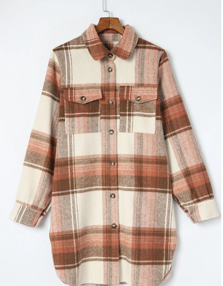 Brown Plaid Print Flap Pockets Long Shacket