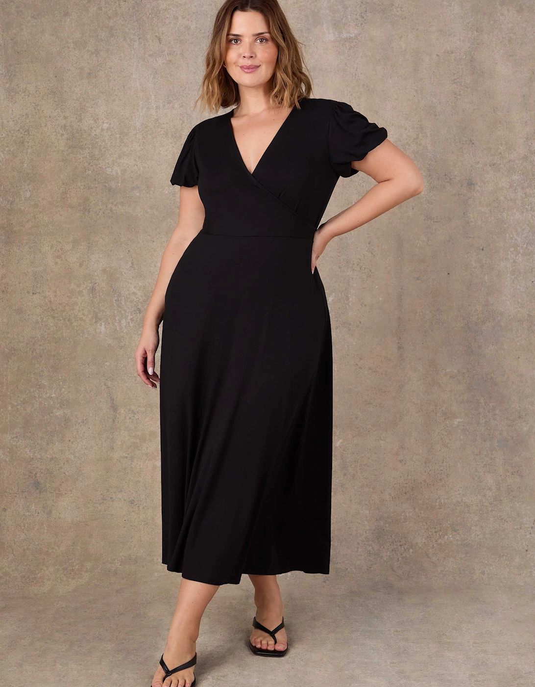 Petite Black Wrap Front Midi Dress with Short Sleeves