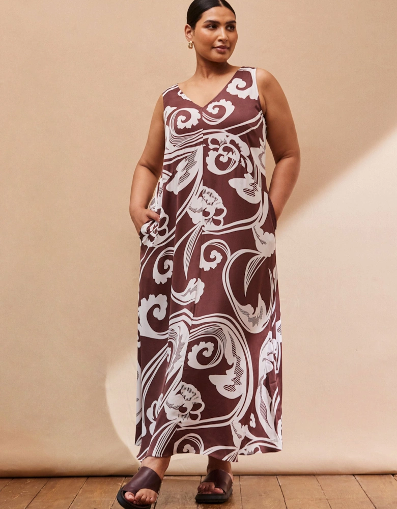 Chocolate Brown Paisley V Neck Maxi Swing Dress