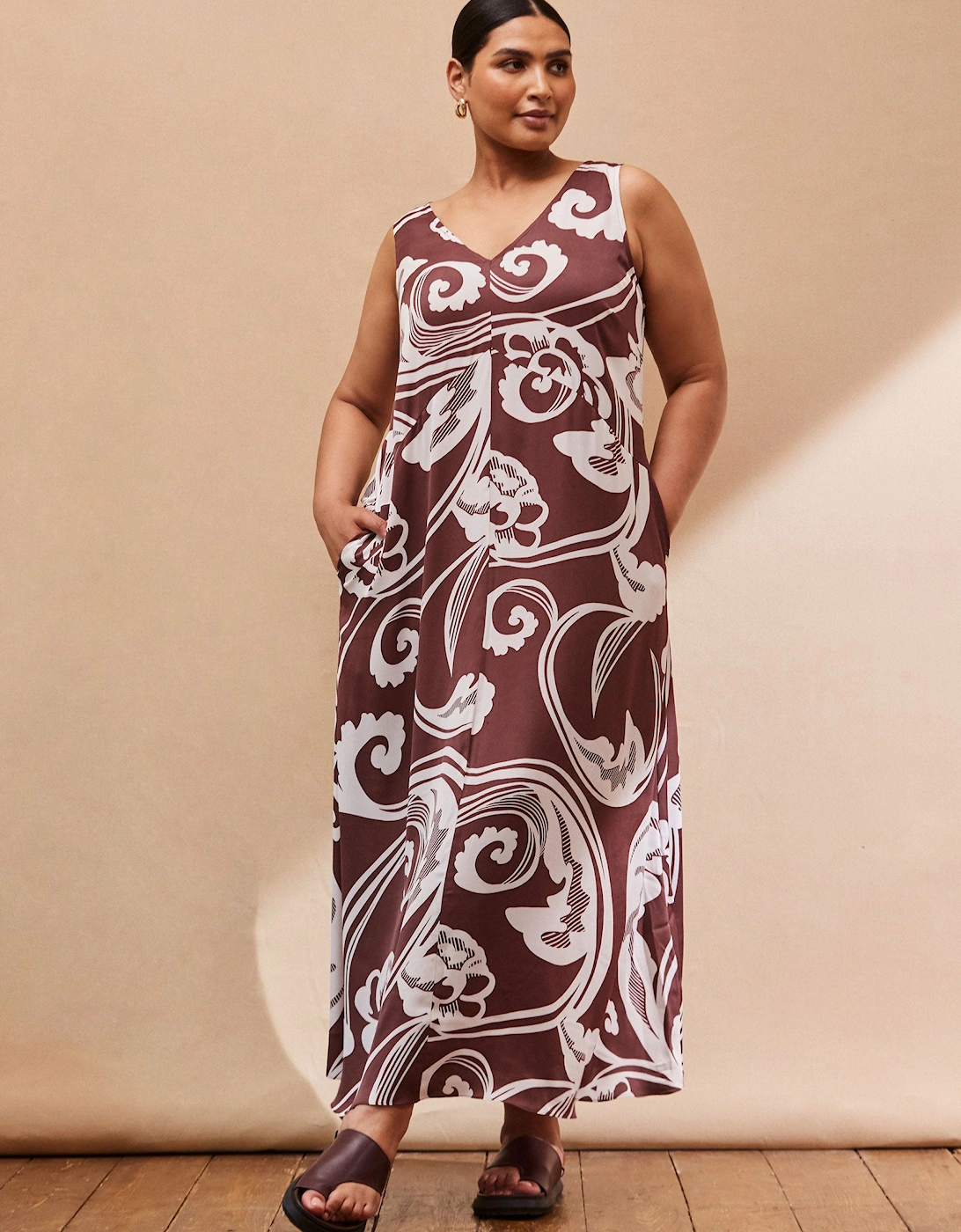 Chocolate Brown Paisley V Neck Maxi Swing Dress, 5 of 4