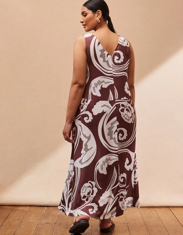 Chocolate Brown Paisley V Neck Maxi Swing Dress