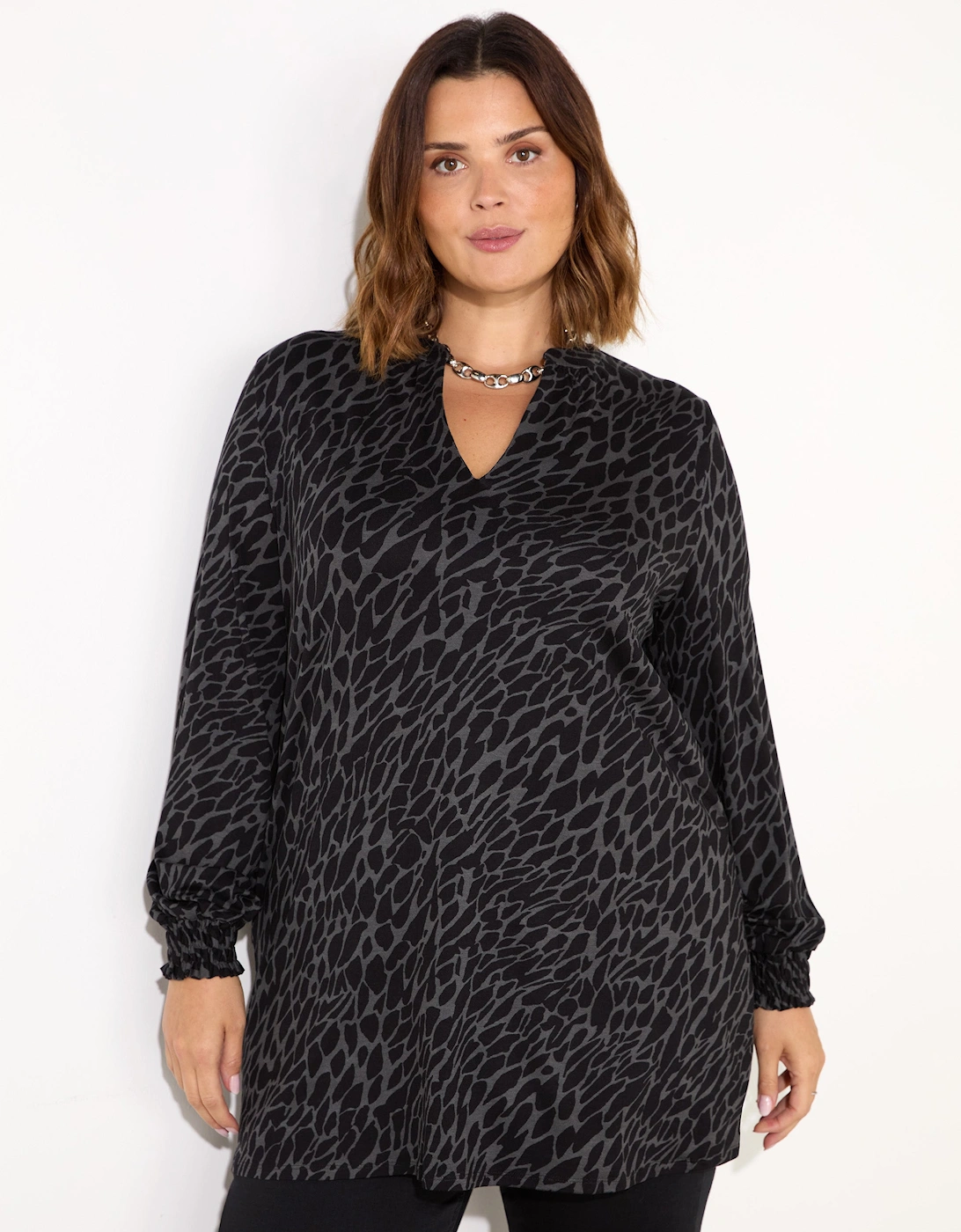 Grey Snake Print Jersey Nehru Collar Tunic
