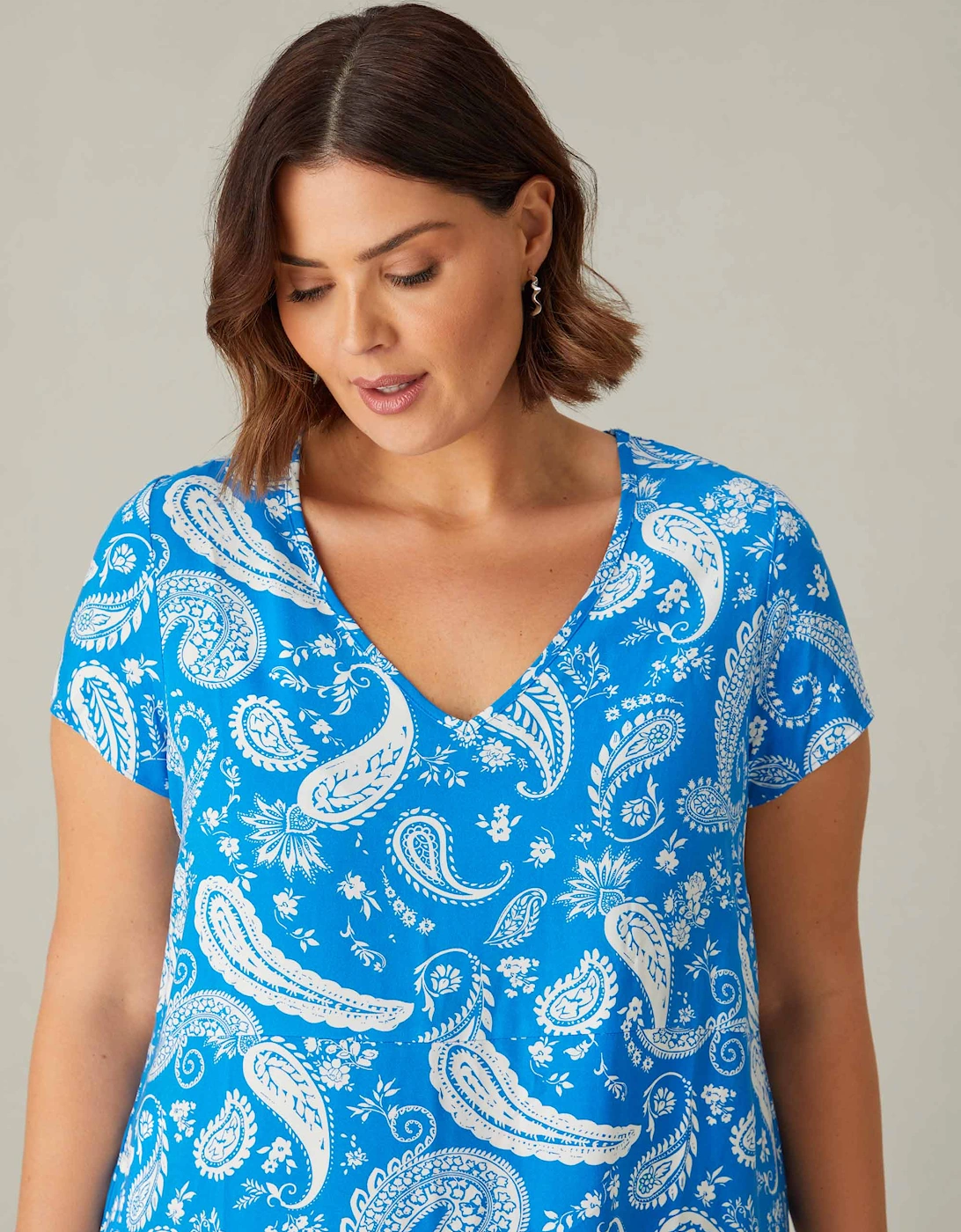 Blue Paisley Print V-Neck Midi Dress