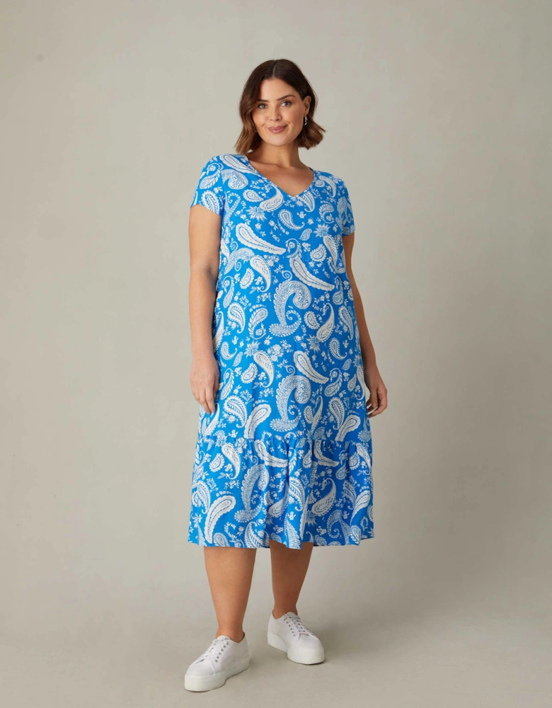 Blue Paisley Print V-Neck Midi Dress