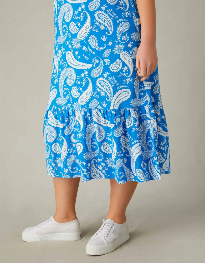 Blue Paisley Print V-Neck Midi Dress