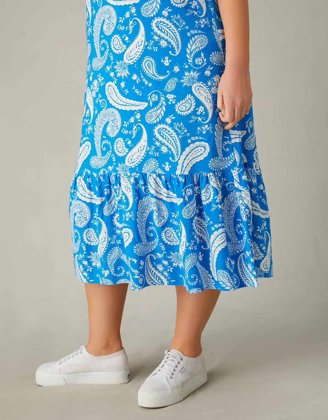 Blue Paisley Print V-Neck Midi Dress
