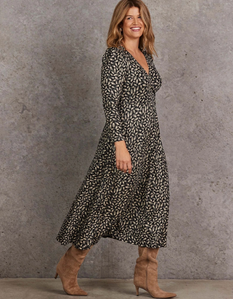 Black Feather Print Puff Sleeve Jersey Wrap Dress
