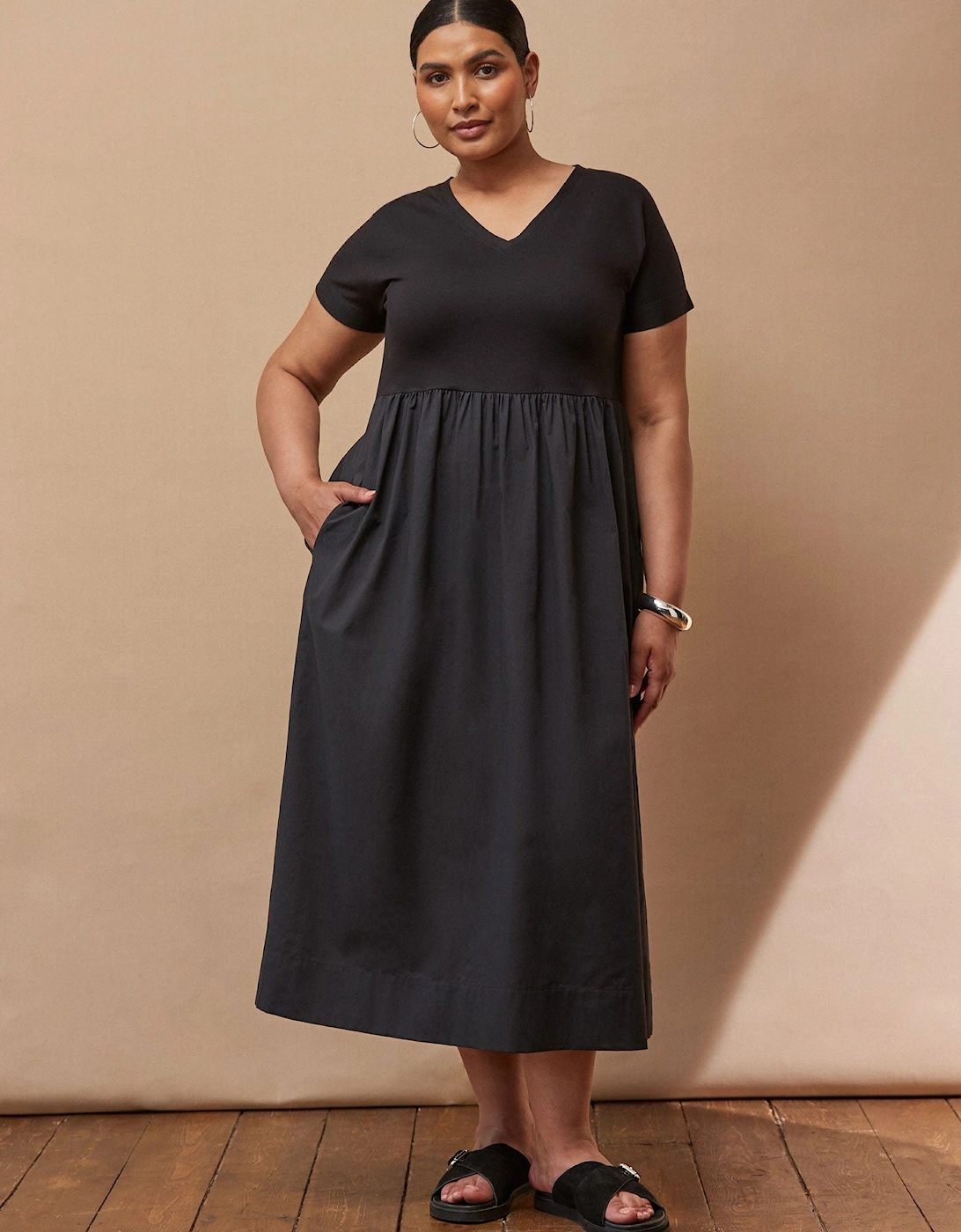 Live Unlimited London Live Unlimited London Women's Black Jersey Woven Mix T-Shirt Dress