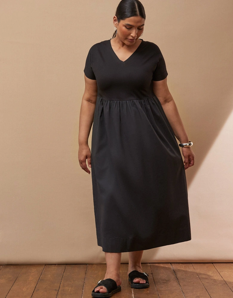 Black Jersey Woven Mix T-Shirt Dress