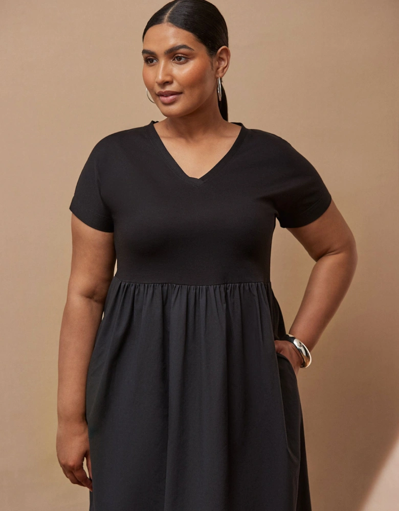 Black Jersey Woven Mix T-Shirt Dress
