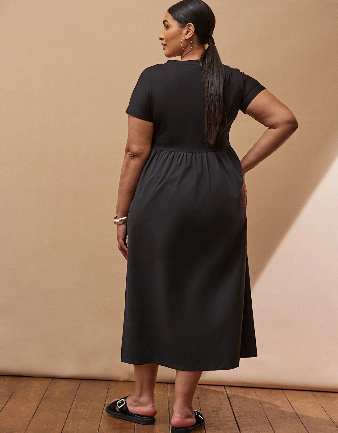 Black Jersey Woven Mix T-Shirt Dress