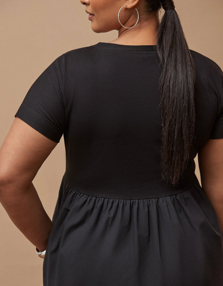 Black Jersey Woven Mix T-Shirt Dress