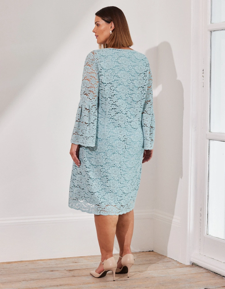 Light Blue Lace Dress With Flute Sleeve