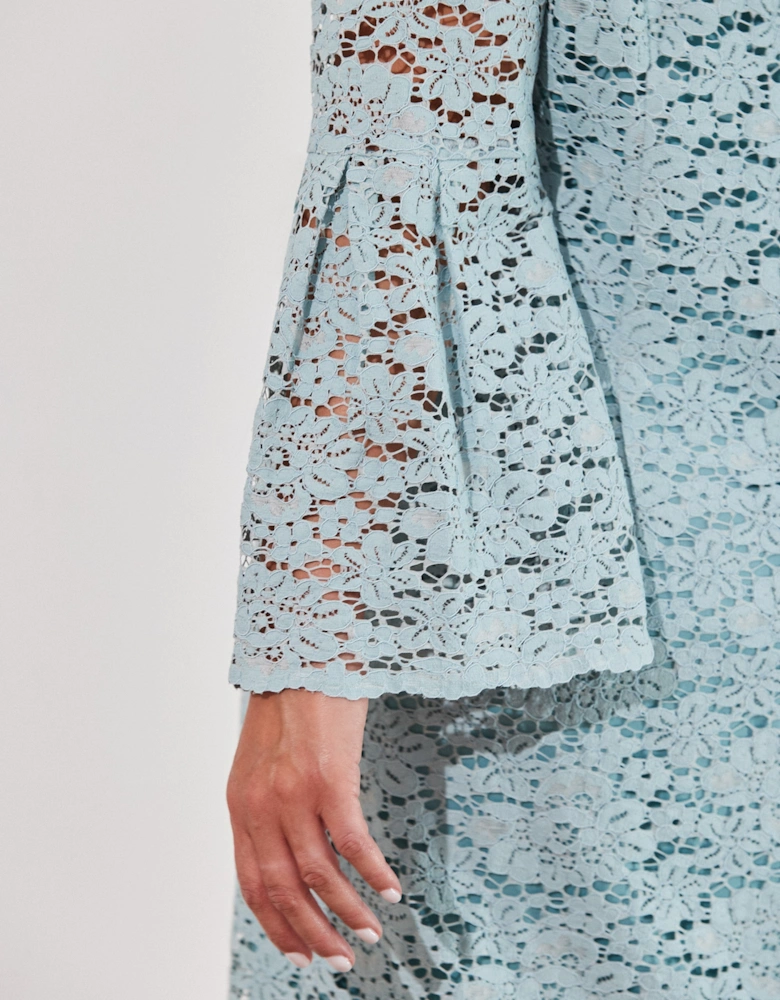 Light Blue Lace Dress With Flute Sleeve