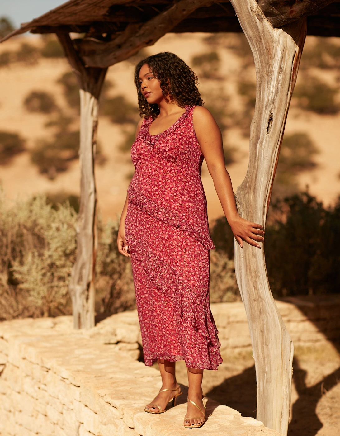 Floral Metallic Frill Midaxi Dress