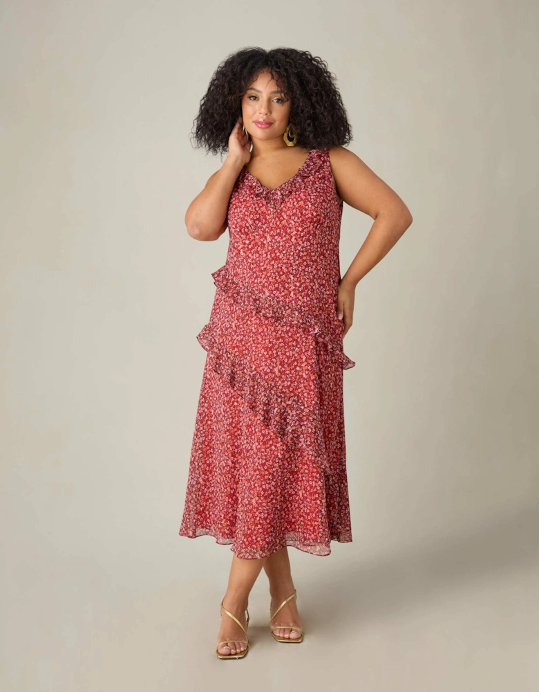 Floral Metallic Frill Midaxi Dress
