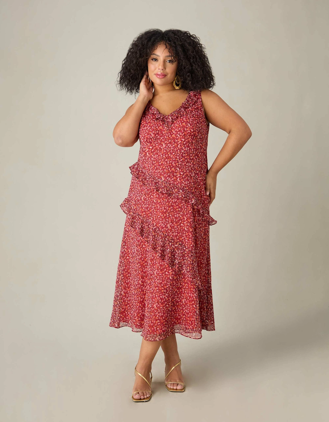 Floral Metallic Frill Midaxi Dress