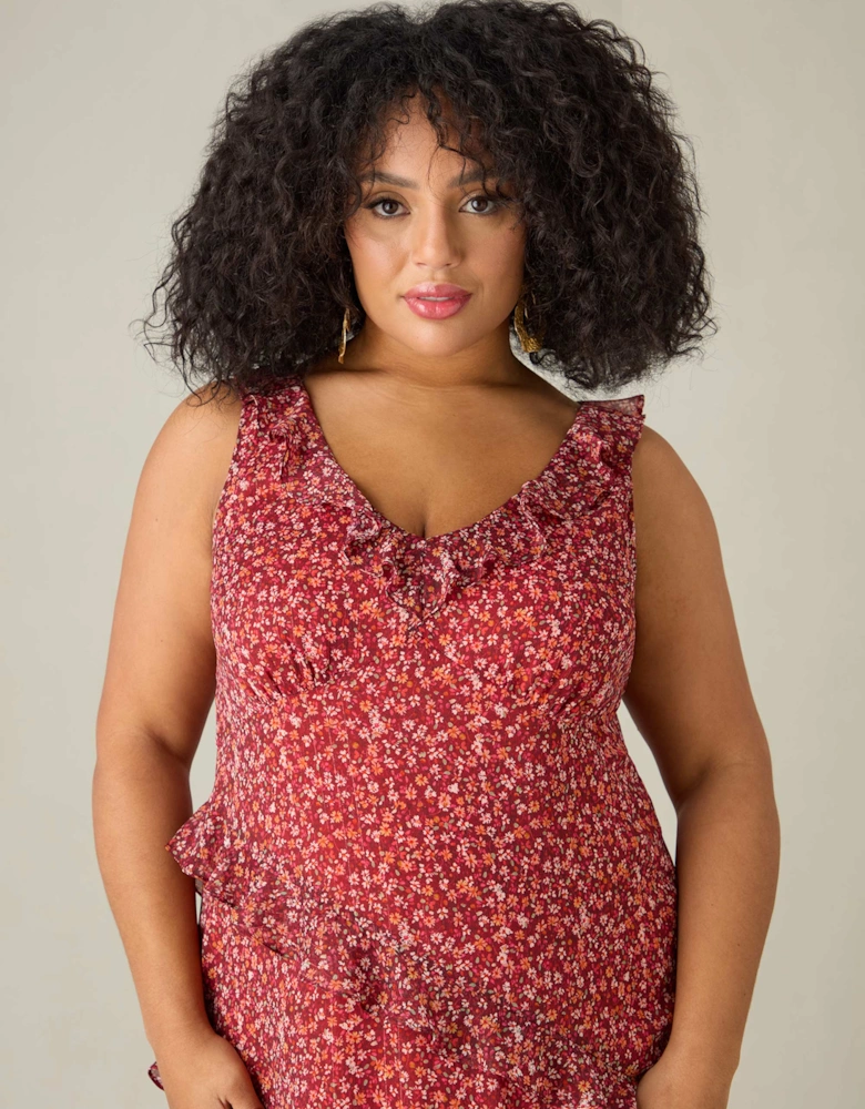 Floral Metallic Frill Midaxi Dress